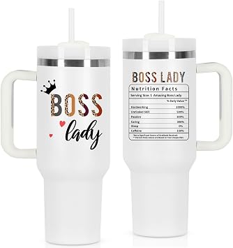 Boss Day Gift for Boss Lady, 40 oz Tumbler With Handle - Nutrition Fact Gift for Manager, Coworker, Employer, White