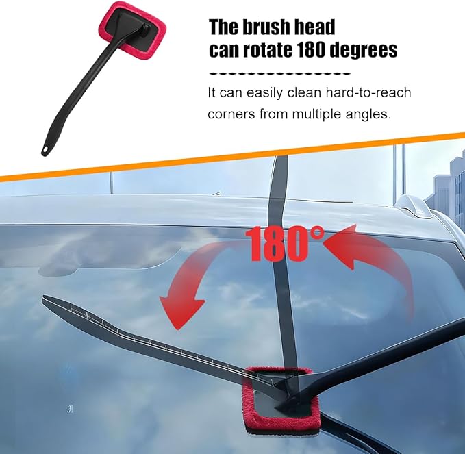 Car Windshield Cleaning Tool, Microfiber Vehicle Window Cleaner with 5 Washable Reusable Cloth Pad & 1 Spray Bottle, Automotive Glass Wiper Cleaning Kit Accessories, Universal Fit (Red)