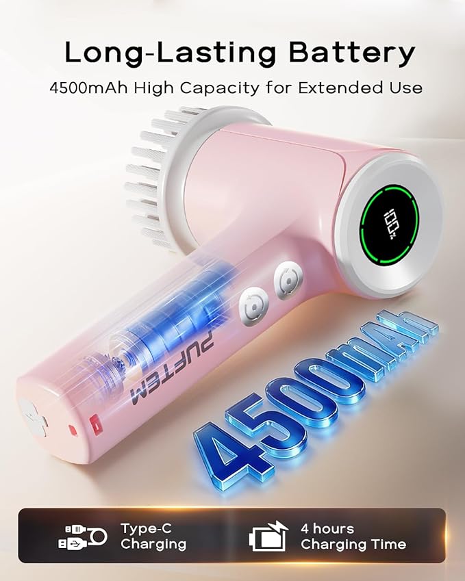 PUFTEM Electric Spin Scrubber for Bathroom Cleaning, Cordless Shower Scrubber with 6 Brush Heads, Dual-Direction Rotation, Handheld Cleaning Brush for Grout, Tile, Tub, Sink & Corners, Pink