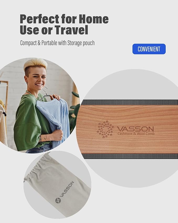 VASSON Cashmere Comb for Sweaters & Wool - Thicker Solid Beechwood Handle Fabric Shaver - 20% Larger Manual Depiller & Fuzz Remover for Knits, Scarves, and Coats (Dual-Sided Design)