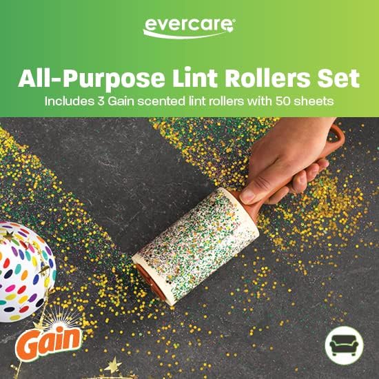 Evercare Gain Scented All-Purpose Lint Roller Brushes with 50 Sheets, Pack of 3 Manual Refillable Lint Rollers with Gain Scent (150 Sheets Total)