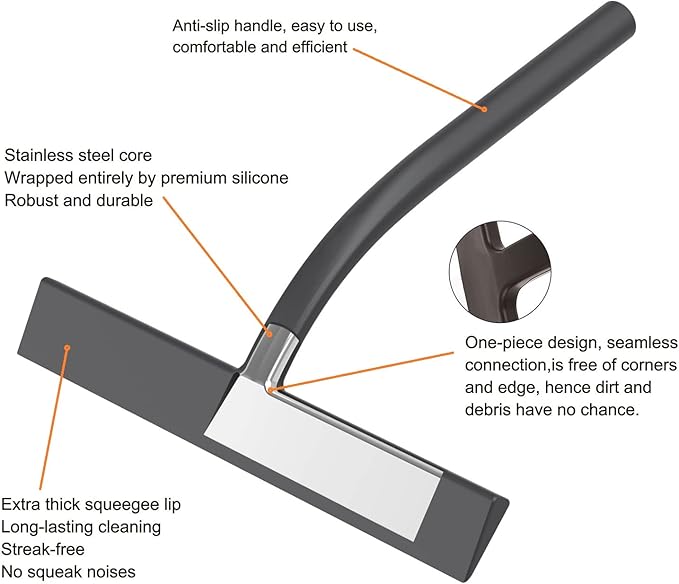 All -Purpose Silicone Shower Squeegee for Shower Glass Door with Hook, Bathroom Accessories for Window Mirror Tile Car Shower Walls,Household Shower Cleaner Tool (Black, 9 inch(2hooks)