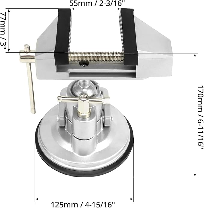 QWORK Portable Vacuum Base Vise with Multi-Angle Rotation - 3.15" Jaw Width Pivots Vise Portable Vacuum Base Vise, for Various Smooth Work Surfaces