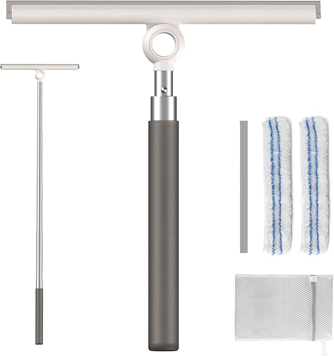 Shower Squeegee for Glass Doors, Telescopic 2-in-1 Squeegee for Window Cleaning with Microfiber Scrubber for Bathroom, Tile Wall, Car Windshield