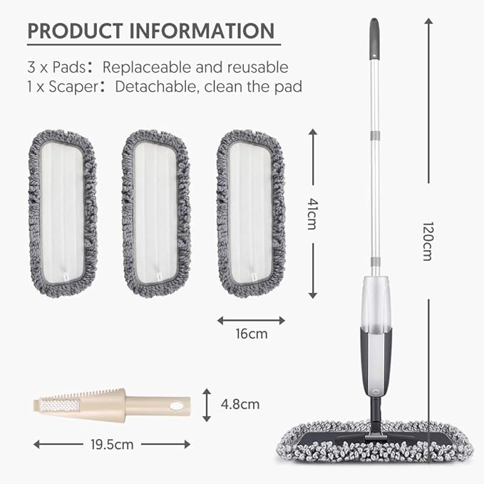 MANGOTIME Spray Mop for Floor Cleaning - Microfiber Dry Wet Floor Mop with 3 Washable Pads & 1 Refillable Bottle for Hardwood Laminate Tile Wood Vinyl Ceramic