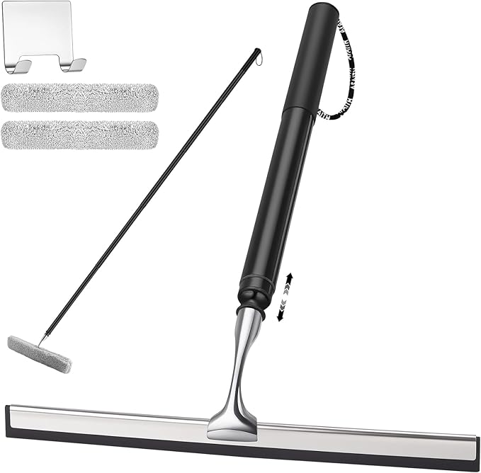 17'' - 60'' Metal Squeegee with Extension Pole for Window,Glass Door,Mirror, 12'' Wide Telescopic Shower Squeegee Cleaner with Long Handle (60'' Telescopic Pole Squeegee)