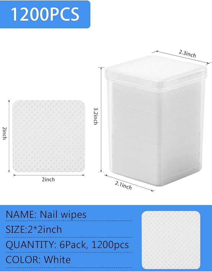 TEOYALL Lint Free Nail Wipes, 1200 PCS Non-Woven Fabric Nail Cleaning Pads White Lash Extensions Glue Cleaning Wipes Nail Salon Supplies