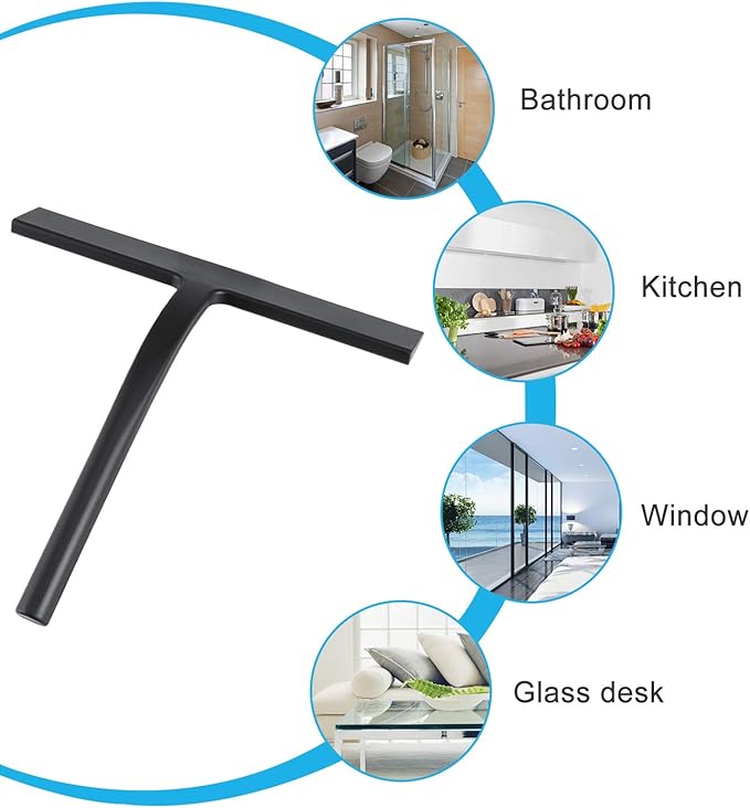 All -Purpose Silicone Shower Squeegee for Shower Glass Door with Hook, Bathroom Accessories for Window Mirror Tile Car Shower Walls,Household Shower Cleaner Tool (Black, 9 inch(1 Hook)