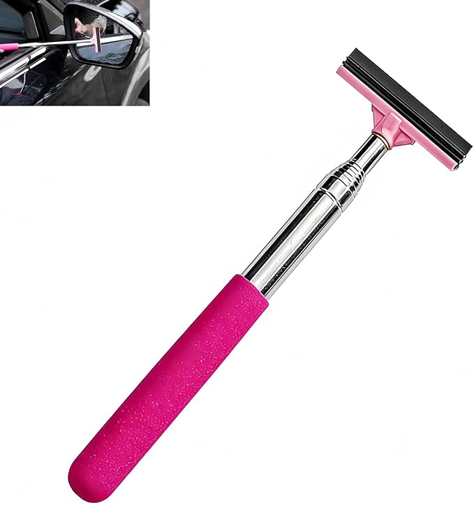 CouTun Car Side Mirror Squeegee, Retractable Car Rearview Mirror Wiper, 38.6in Long Handle Auto Glass Cleaning Tool, Multi-Functional Portable Side Mirror Wiper (Pink)