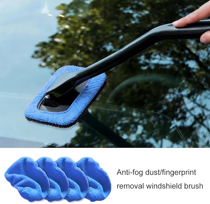 Car Windshield Cleaning Tool, Microfiber Vehicle Window Cleaner with 5 Washable Reusable Cloth Pad & 1 Spray Bottle, Automotive Glass Wiper Cleaning Kit Accessories, Universal Fit (Blue)