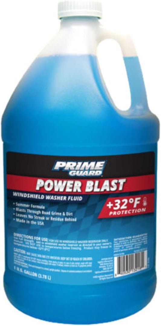 Prime Guard +32°F Power Blast Blue Windshield Washer Fluid | Streak-Free Summer Formula Removes Bugs, Dirt & Road Grime | Ready-to-Use & Safe for All Vehicles | 1 Gallon