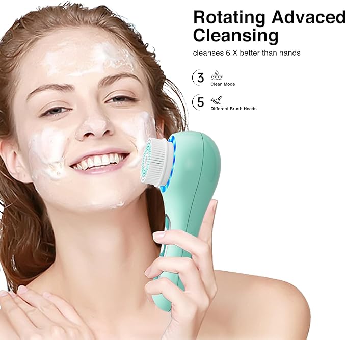 UMICKOO Electric Facial Cleansing Brush, 2-Way Rotating Face Scrubber for Daily & Deep Cleaning, 3 Modes, 5 Brush Heads, Rechargeable, IPX7 Waterproof for All Skin Types