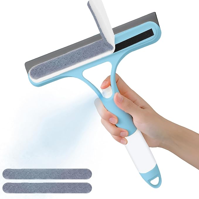 Pro 3 in 1 Window Cleaning Scraper with 2 Replaceable Cleaning Cotton Strips, 3 in 1 Spray Squeegee, Window Squeegee, Suitable for Cleaning Bathroom Glass, Mirrors, Car Windows (Blue)