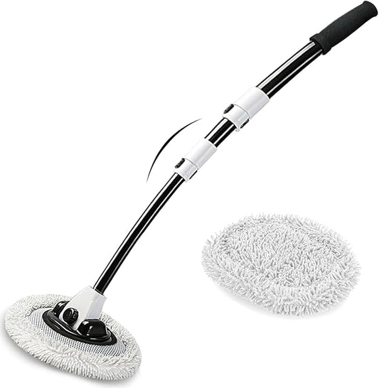 WillingHeart 15° Curved Car Wash Brush with Long Handle 43" Microfiber Cleaning Mop Telescopic Extension Pole for Caravan RV Truck Auto SUV Wheel Boat Exterior 2 in1 Carwash Duster Scratch Free, White