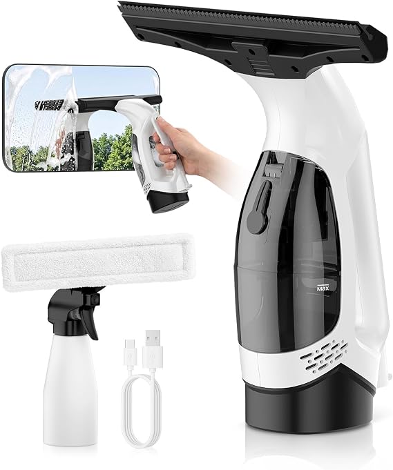 Window Vacuum Squeegee Cordless, 3-in-1 Electric Window Cleaner Tool with Spray & Microfiber Pad, Streak-Free 2200Pa Suction for Glass, Shower Doors, Mirrors, Tiles and Car Windows - Cleanova