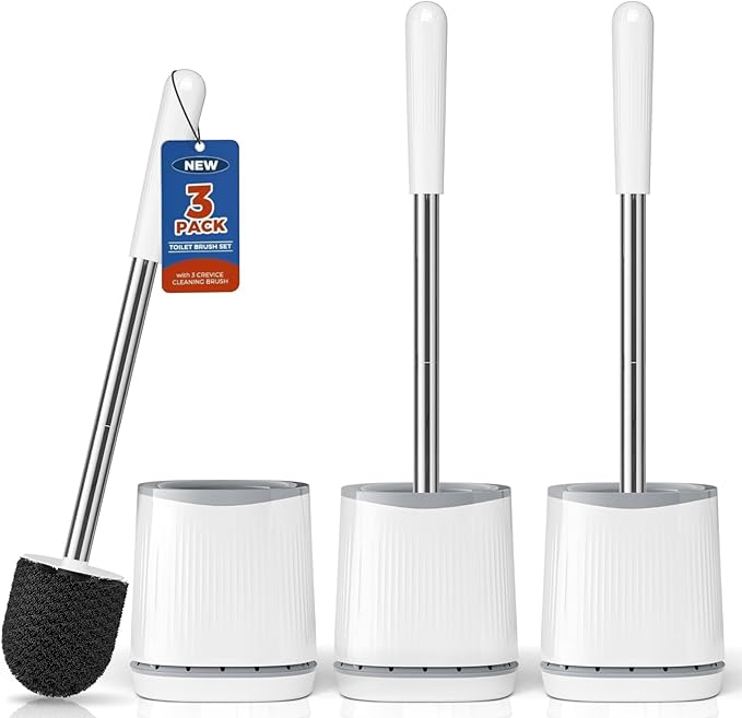 TRENTI Toilet Brush, Toilet Brush and Holder Set, Bristles Toilet Bowl Brush Head with Ventilated Holder, Wall Mounted Compact Toilet Brush Set for Bathroom Deep Cleaning (3, White)
