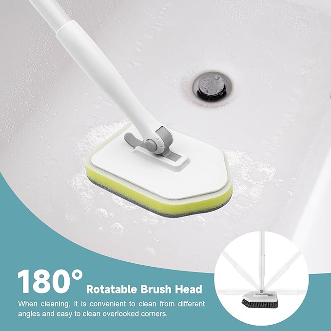 nacena Shower Scrubber with Long Handle, 3 in 1 Tile Tub Scrubber Brush with 3 Detachable Cleaning Heads Adjustable Handle Shower Cleaner Brush for Bathroom, Kitchen, Toilet, Wall, Sink, Grey White