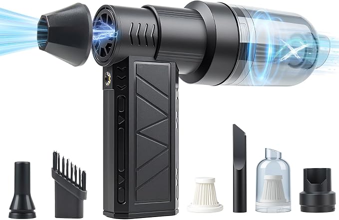 4-in-1 Compressed Air Duster with Light, Handheld Car Vacuum/Air Blower/Pump/Inflate 130000RPM Adjustable Electric Vacuum Cleaner for Computer Keyboard Car Home(Black) - Cleanova