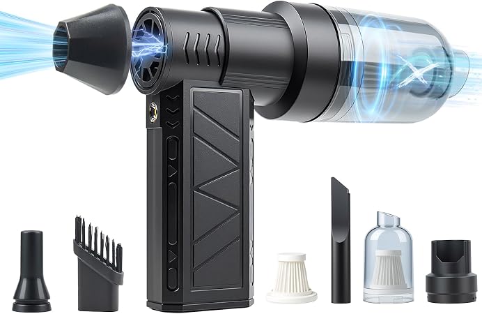 4-in-1 Compressed Air Duster with Light, Handheld Car Vacuum/Air Blower/Pump/Inflate 130000RPM Adjustable Electric Vacuum Cleaner for Computer Keyboard Car Home(Black) - Cleanova