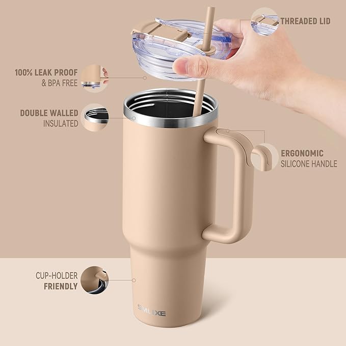 40 oz Tumbler with Handle and Straw Lid,Insulated Reusable Stainless Steel Water Bottle Travel Mug，Cupholder Friendly Double Wall Vacuum Sealed Cup (Mocha)