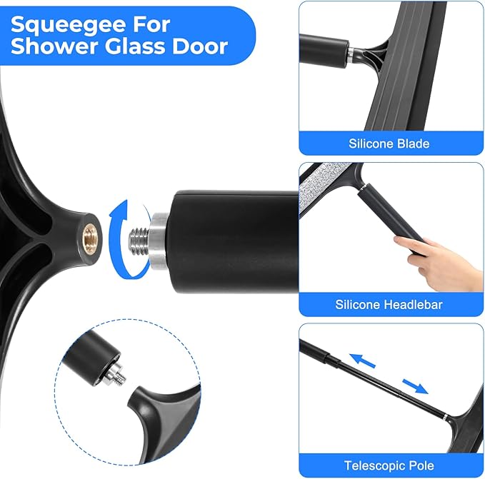 wlich Shower Squeegee with Long Handle, Telescoping Window and Floor Extendable Squeegee for Shower Glass, Bathroom Surfaces, Mirrors, and Smooth Floors, Includes Replaceable and Washable Cloth Pads