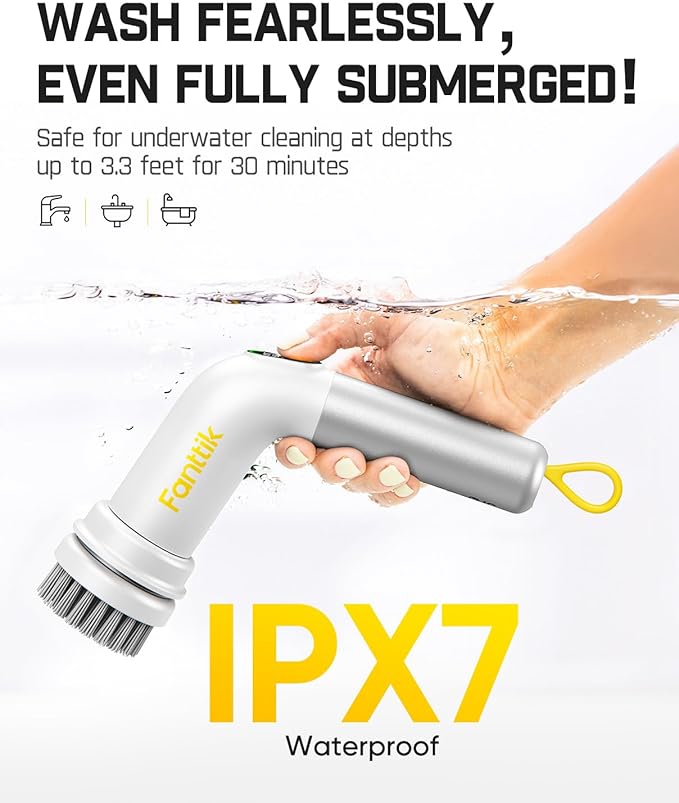 Fanttik G9 Handy Cordless Electric Spin Scrubber, MagnaStorm Motor, Dual-Speed, 5 Brush Heads, LED Display, IPX7 Waterproof, 2500mAh with Type-C Charging, for Kitchen, Sink, Tile, Stove- White