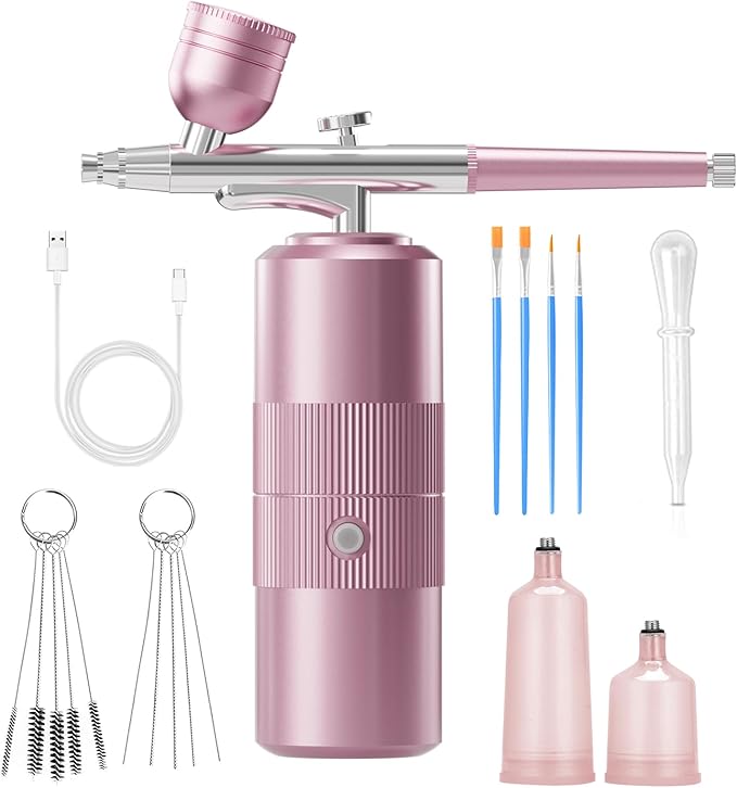 Airbrush Kit with Compressor Portable Airbrush Kit 48PSI High-Pressure Non-Clogging Air Brush Set Cordless Rechargeable with 0.3mm Nozzle and Cleaning Brush for Painting,Nail Art, Makeup (pink)