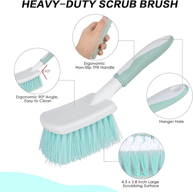 3 Pack Bathroom Scrub Brush Set, Heavy-Duty Scrub Brushes for Cleaning Floor, Green Scrubbing Brush with Non-Slip Handle and Stiff Bristles for Bathtub, Tub, Tile, Gap, Kitchen, Sink