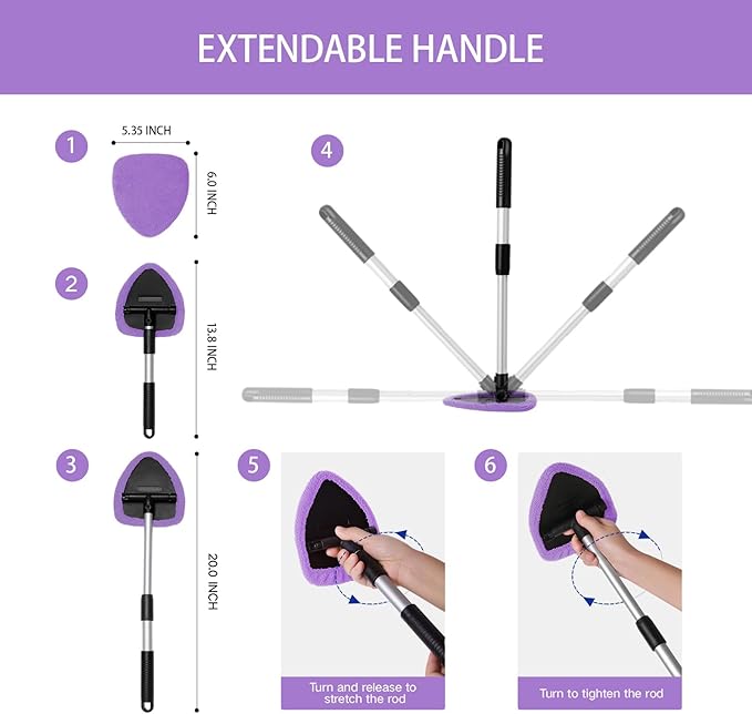 Qydipclin 10pcs Windshield Cleaner Tool, Car Window Cleaning Wash Kit with 4 Reusable Microfiber Pads 1 Spray Bottle and Extendable Handle Auto Glass Wiper Kit, Purple