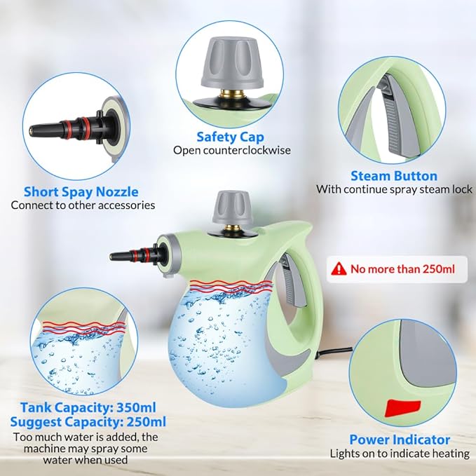 Handheld Pressurized Steam Cleaner with 12 pcs Accessories, Portable Steamer for Cleaning, Steam Cleaner for Home Use, Steamer for Cleaning Car, Furniture, Floor, Upholstery, Grout and Tile, Green