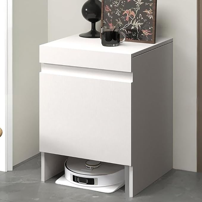 Robot Vacuum Stand Cabinet,Storage Cabinet with Doors for Robot Vacuum Cleaner,End Side Table for Home Office,Wood Freestanding Rack for Living Room Home Office Kitchen(White)
