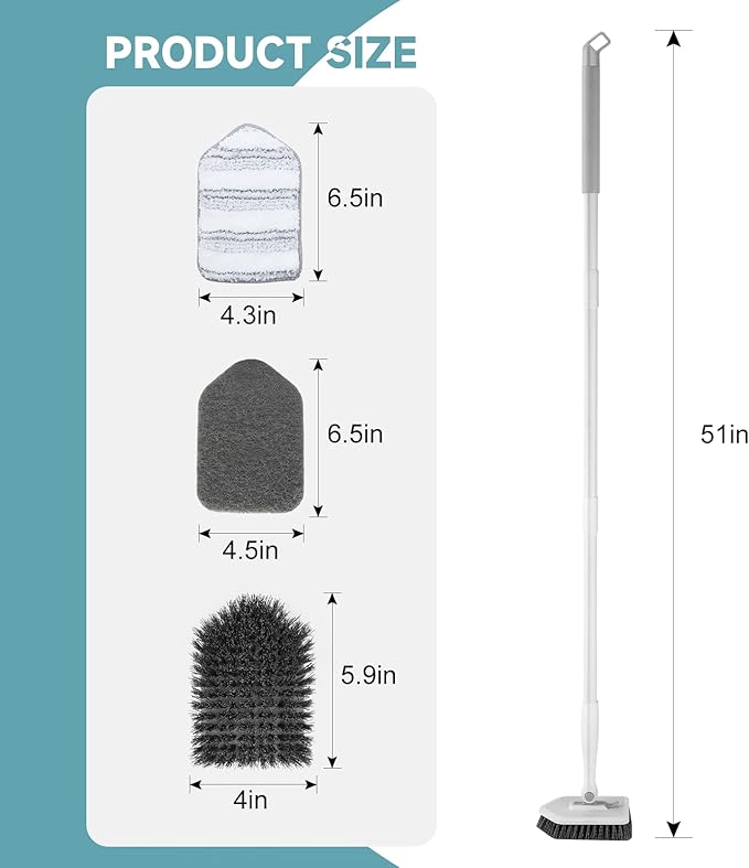 nacena Shower Scrubber with Long Handle, 3 in 1 Tile Tub Scrubber Brush with 3 Detachable Cleaning Heads Adjustable Handle Shower Cleaner Brush for Bathroom, Kitchen, Toilet, Wall, Sink, Grey White