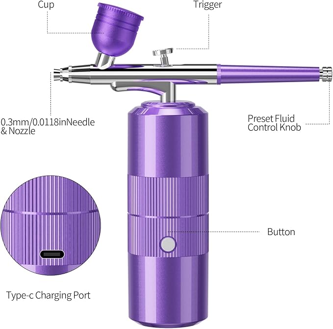 Airbrush Kit with Compressor Portable Airbrush Kit 48PSI High-Pressure Non-Clogging Air Brush Set Cordless Rechargeable with 0.3mm Nozzle and Cleaning Brush for Painting,Nail Art, Makeup (Purple)