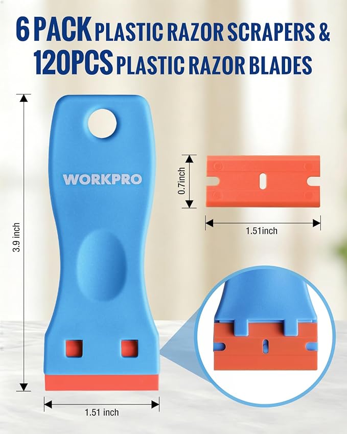 WORKPRO 6-Piece Plastic Razor Blade Scraper with 120 Pcs Plastic Razor Blades, for Gasket Remover, Labels Decal and Adhesive Remover for Windows and Glass
