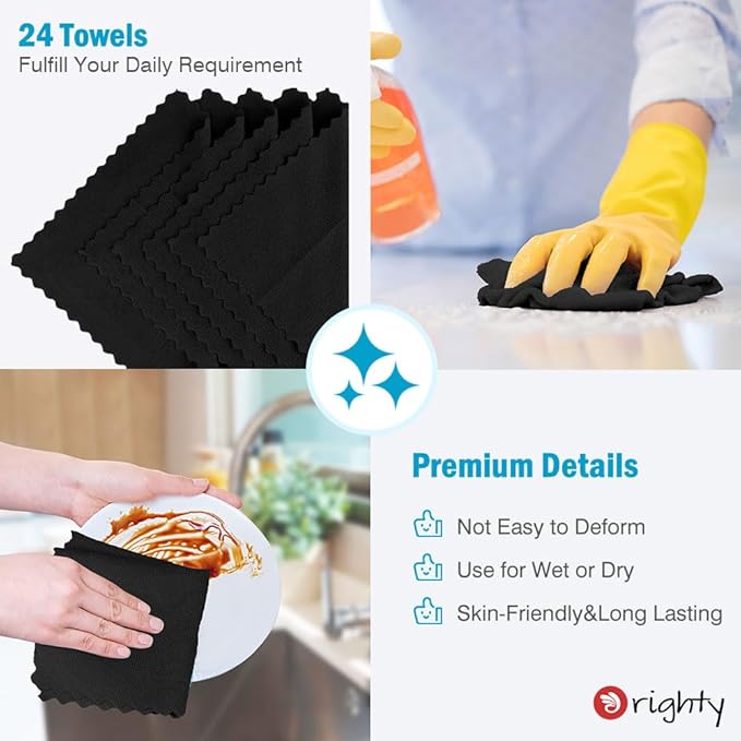 Orighty Black Microfiber Cleaning Cloth, 24 Pack Highly Absorbent Cleaning Rags, Microfiber Towels for Cars, Household Cleaning Supplies, Reusable Lint Free Cloths for House, Kitchen, 12 x12 inch