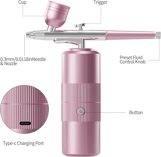Airbrush Kit with Compressor Portable Airbrush Kit 48PSI High-Pressure Non-Clogging Air Brush Set Cordless Rechargeable with 0.3mm Nozzle and Cleaning Brush for Painting,Nail Art, Makeup (pink)