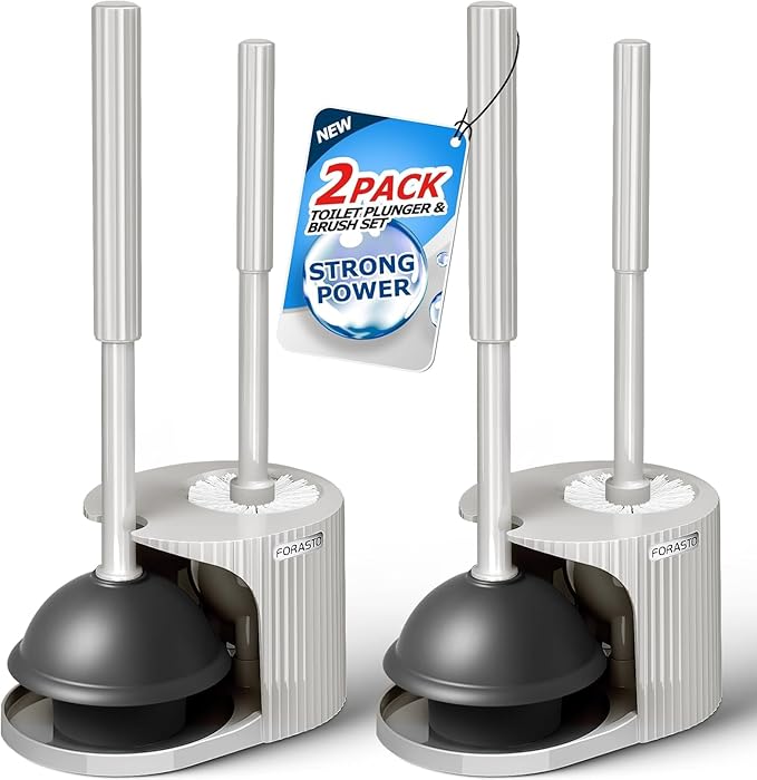 FORASTO 2Pack 2 in 1 Toilet Plunger and Brush Set,Extended Handle Plunger,Toilet Bowl Brush Plunger Set,Bathroom Cleaning Tools,Cleaning Brush,Toilet Brush Plunger Combo,Cream Grey（21inch）