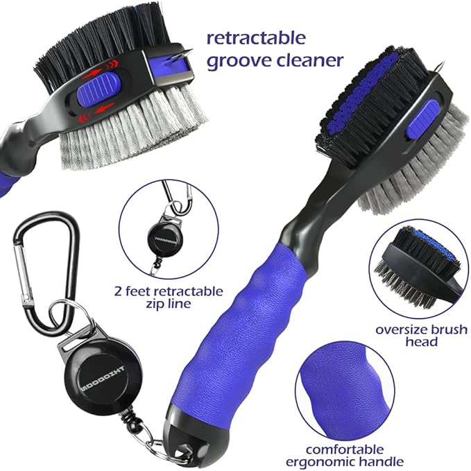 THIODOON 2 Pack Golf Club Brushes and Groove Cleaner 2 ft Retractable Zipline Carabiner Golf Brush Head with Retractable Spike Comfortable Grip Golf Club Cleaner