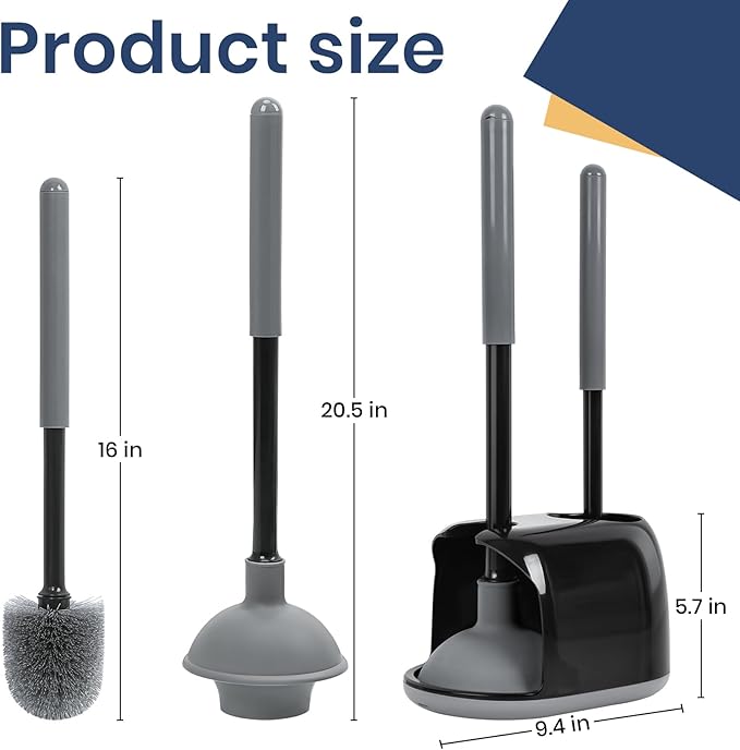 Toilet Bowl Brush and Plunger Set with Toilet Cleaner Brushes and Heavy Duty Plunger Long Handle for Essential Bathroom Scrubber Cleaning