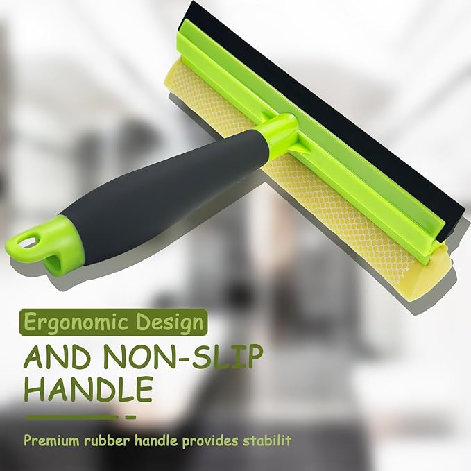 Shower Squeegee Window Squeegee Cleaner for Shower Doors Glass, 2 in 1 Window Cleaning Tool Window Scrubber Handheld Squeegee for Car Windshield with Sponge and Rubber Squeegee, Green