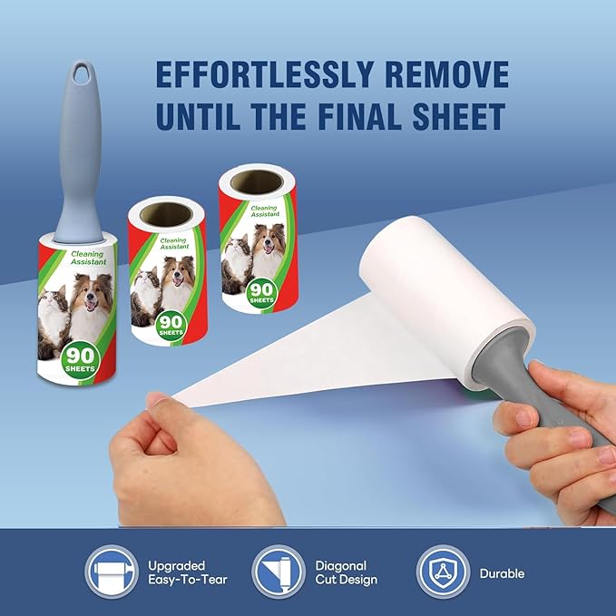Pet Hair Lint Rollers, 3 Pack, 90 Sheets Each– Reusable Sticky Roller for Pet Hair, Cat & Dog Hair Remover, Lint Remover, Pet Hair Remover for Furniture, Clothing & Cars