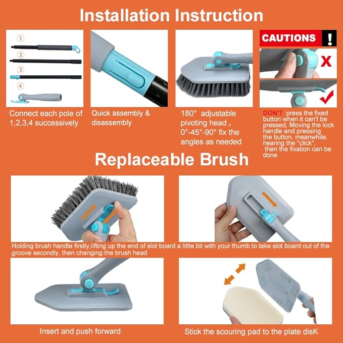 Long Handled Scrub Brush for Shower,3-in-1 Cleaning Brushes with 3 Different Function Cleaning Heads Brush for Shower Cleaning Bathroom Kitchen Walls Tub Tile (Grey)