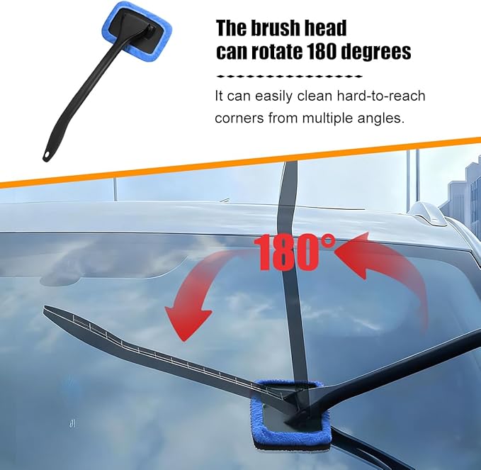 Car Windshield Cleaning Tool, Microfiber Vehicle Window Cleaner with 5 Washable Reusable Cloth Pad & 1 Spray Bottle, Automotive Glass Wiper Cleaning Kit Accessories, Universal Fit (Blue)