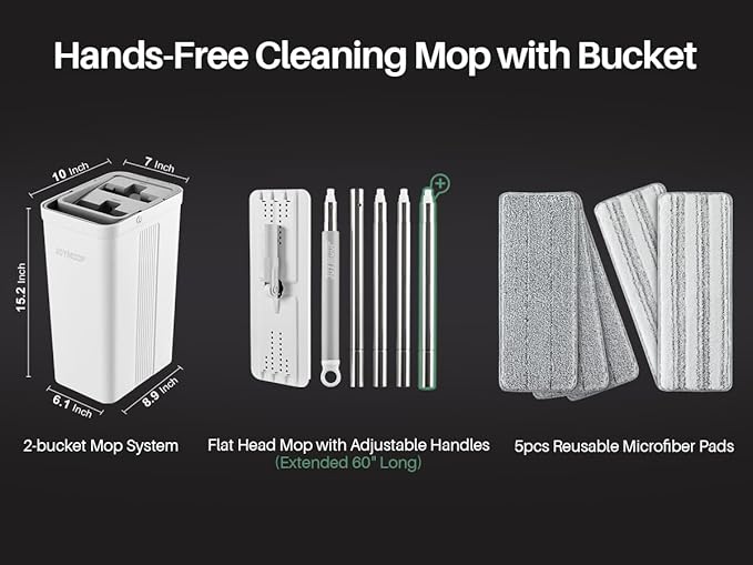 JOYMOOP Flat Mop System, Microfiber Mop and Bucket Set, White, Floor Cleaning for Home & Commercial Use, Wet Dry Mop for Hardwood Floors, Long Handle, Includes 5 Washable Pads