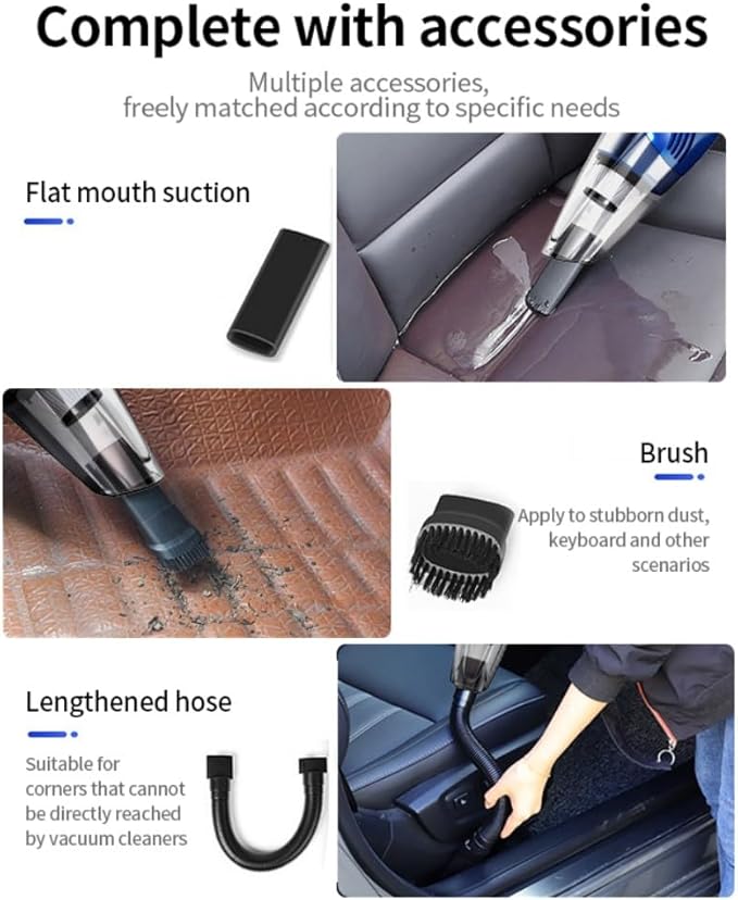 Car Vacuum Portable Cordless – 12000PA Strong Suction, Lightweight & Rechargeable – Includes Multi-Nozzle Attachments for Car, Home, Office, and Pet Hair – Compact & Powerful Azure Vacuum
