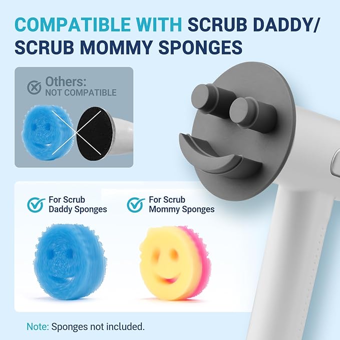 Electric Spin Scrubber Compatible with Scrub Daddy/Mommy, Coinicxcel 2-Speed Option IP7X Waterproof Smile Sponge Dish Wand Holder with 4 Replaceable Heads, Lightweight for Oven/Stove/Sink