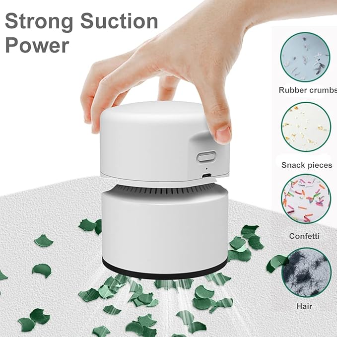 ODISTAR Desktop Vacuum Cleaner,Mini Table dust Sweeper Energy Saving with auto Power-Off Function,High Endurance up to 400 mins,Cordless&360º Rotatable Design for Keyboard/Home/Office (White)
