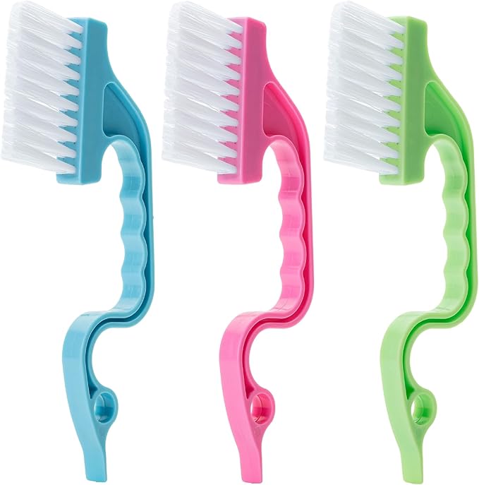 Slick- Window Track Cleaning Brush, 3 Pack, Colorful, Ergonomic Handle, Built-in Scraper, Multipurpose Window Track Cleaning Tools for Faucets, Shower Heads and Drains