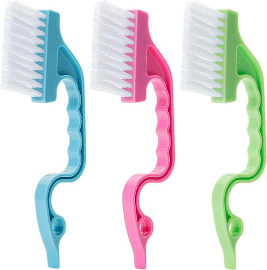 Slick- Window Track Cleaning Brush, 3 Pack, Colorful, Ergonomic Handle, Built-in Scraper, Multipurpose Window Track Cleaning Tools for Faucets, Shower Heads and Drains