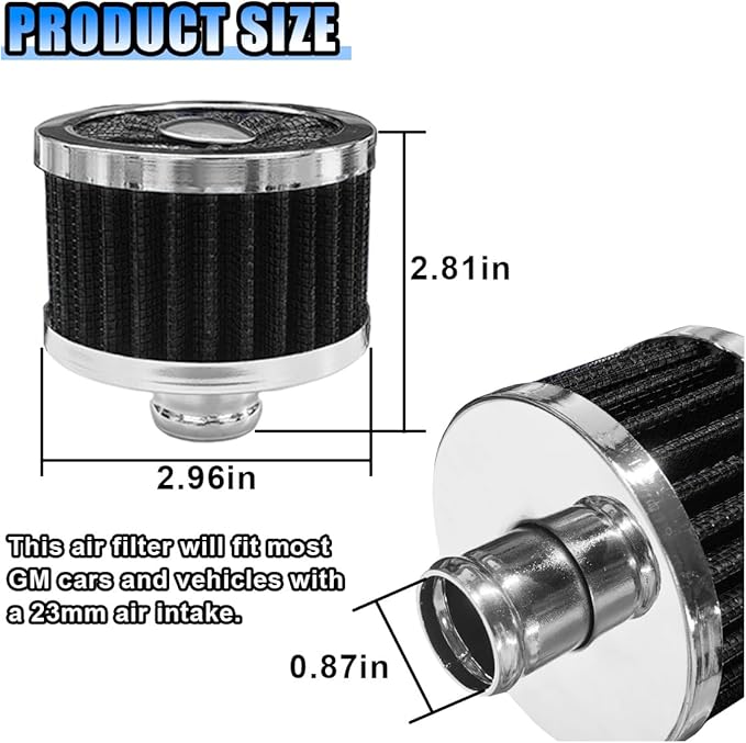 23mm Car Air Filter, 0.9'' High Flow Vent Valve Cover, Breather Filter, Universal Cold Air Intake Filter Breather, Car Accessories Fits Car Motorcycle (Black)